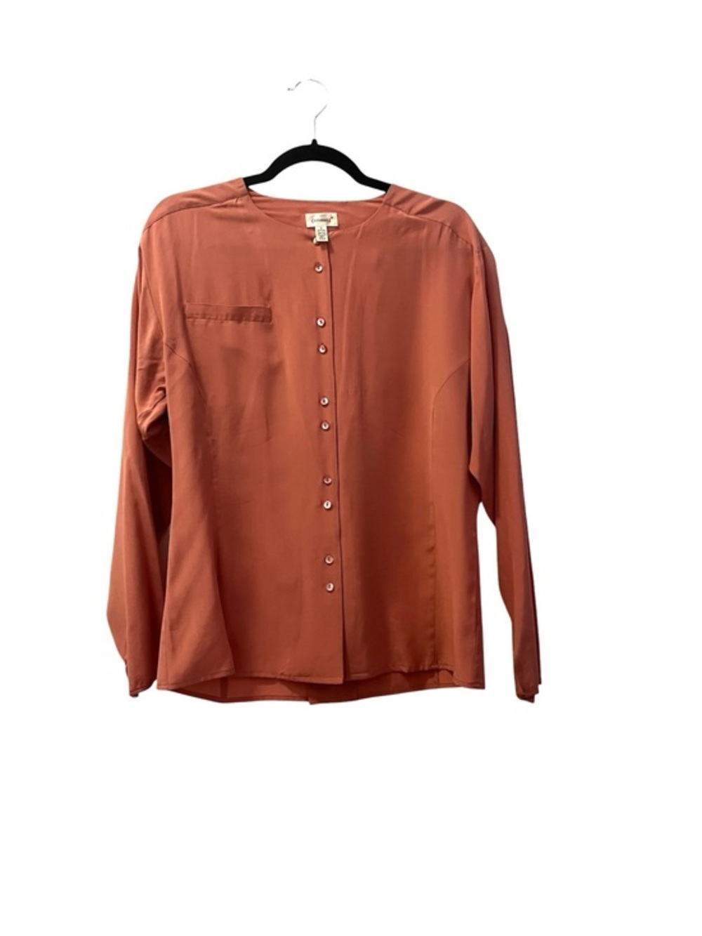 Omanti vintage 100% silk peach button up collarless long sleeve blouse, 6